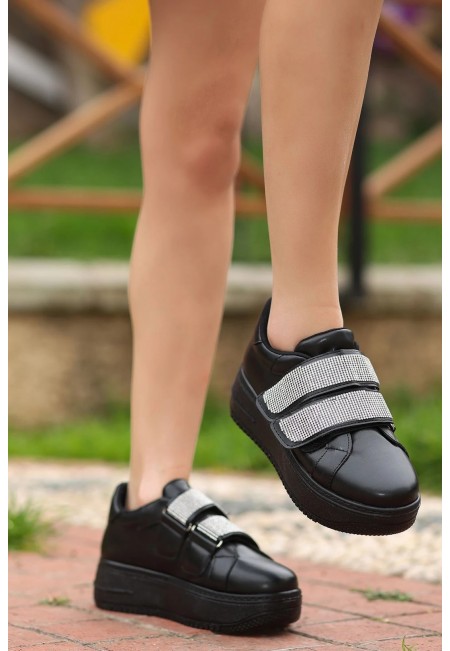 Jarxi Siyah Cilt Cırt Cırtlı Spor Ayakkabı