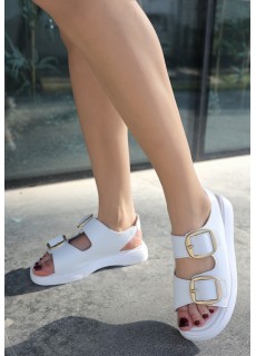 Waria Beyaz Cilt Çift Tokalı Sandalet